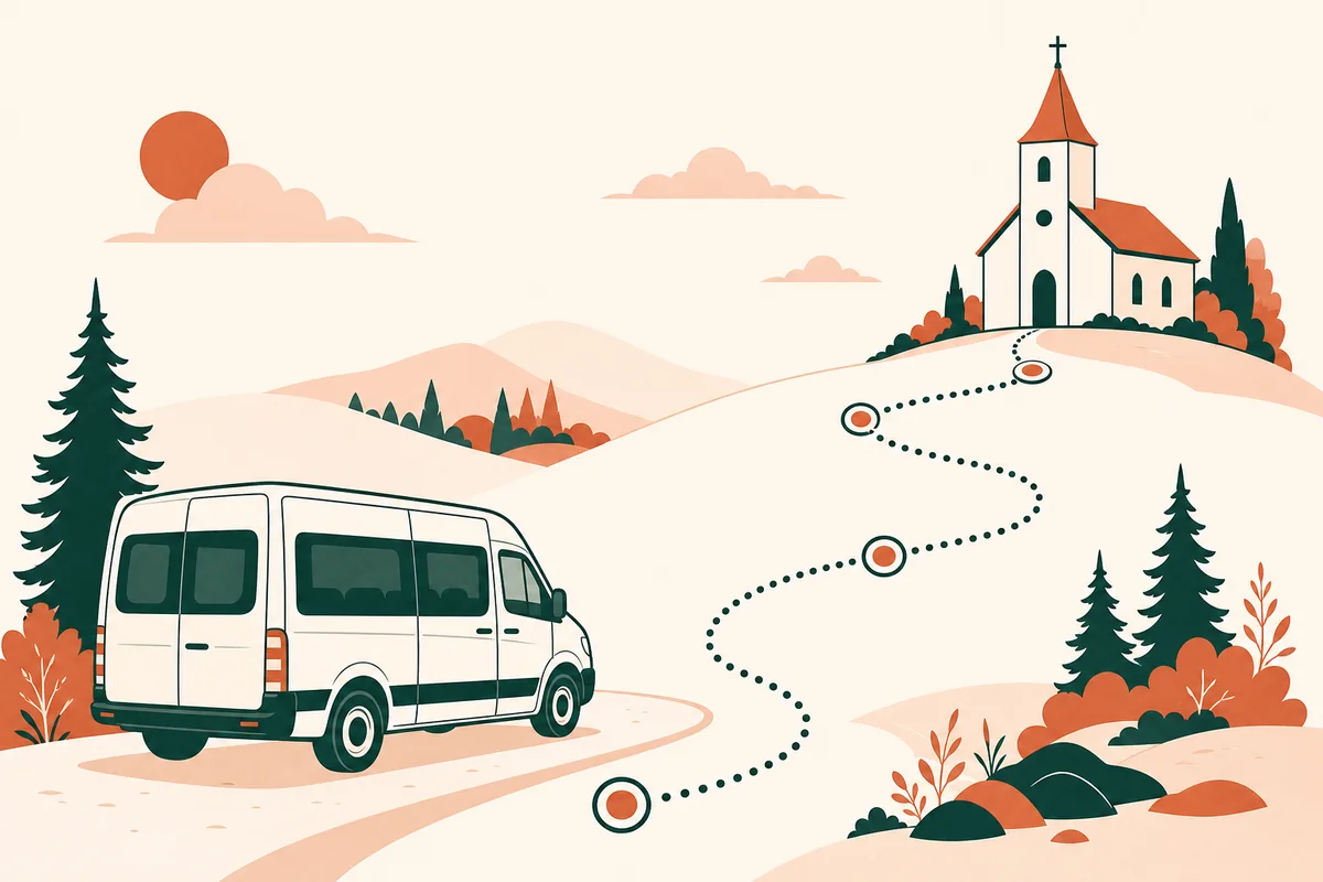 Church van following a dotted route toward a group mission trip