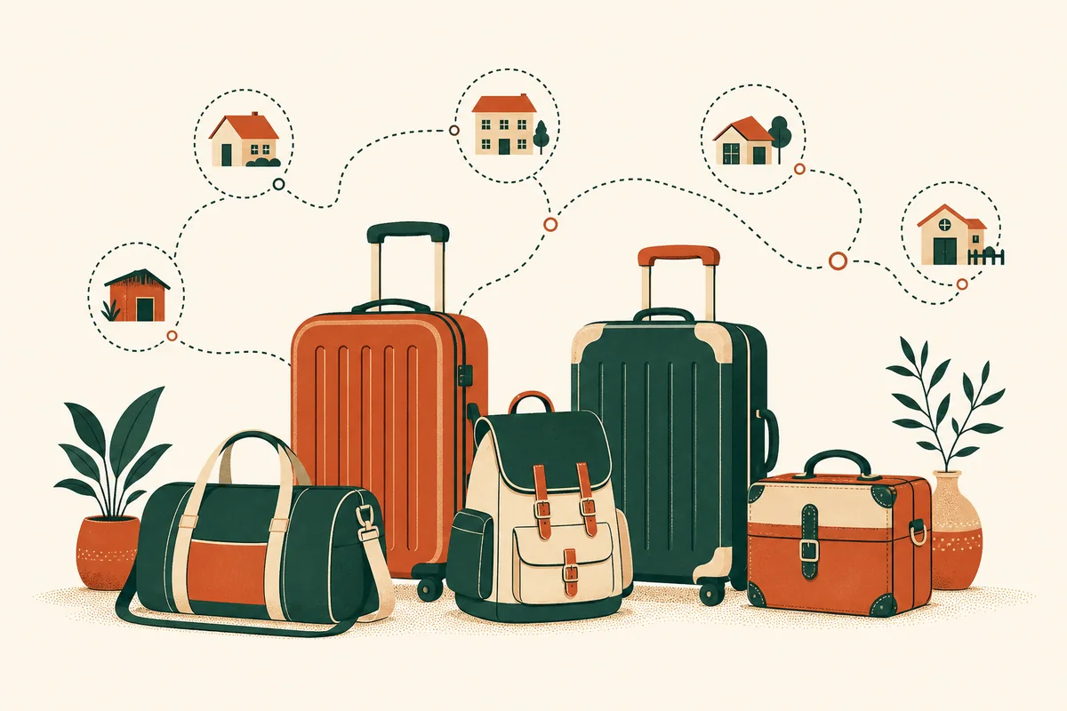 Family luggage with household tags arranged along a dotted travel route