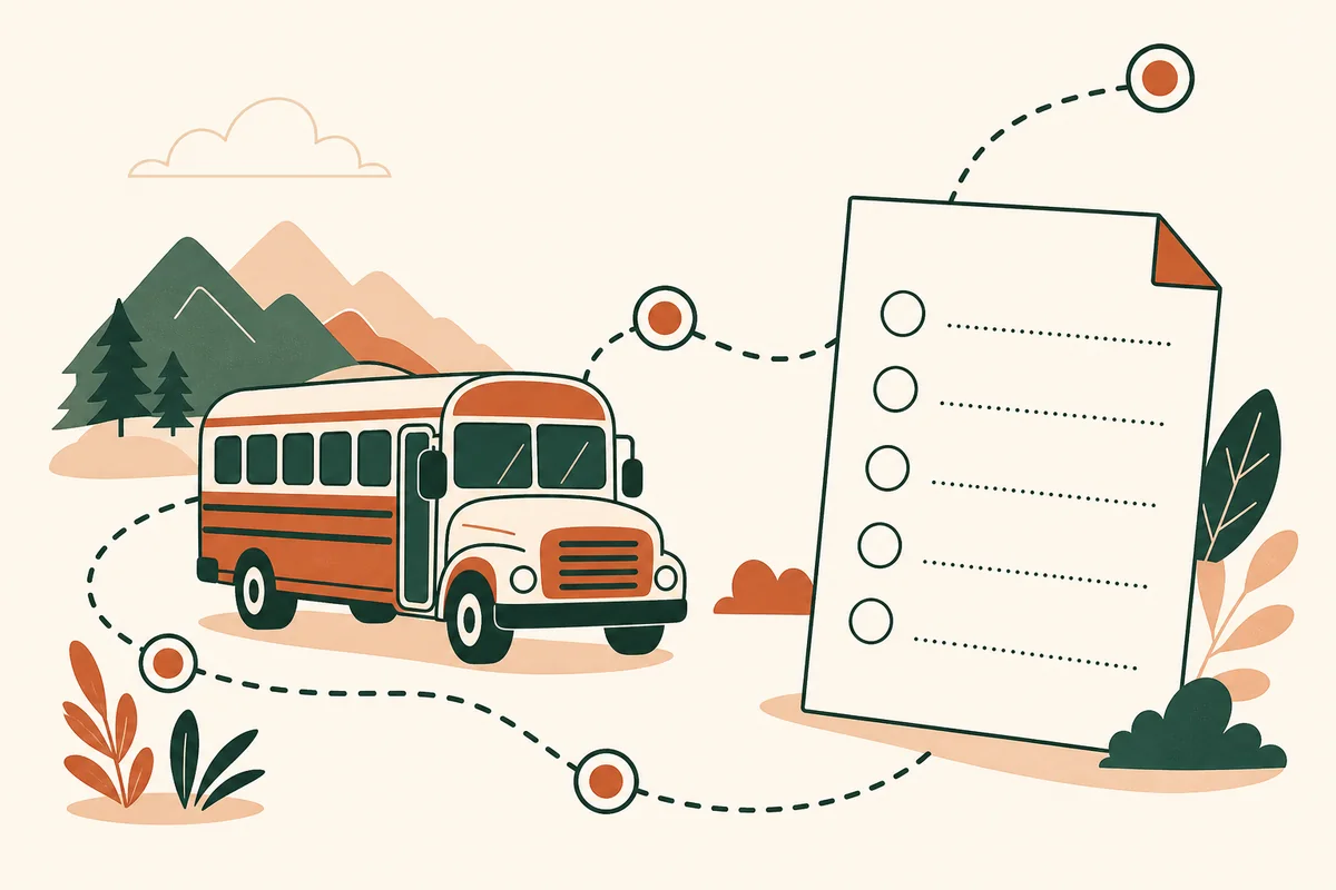 School bus following a dotted route for a student group trip