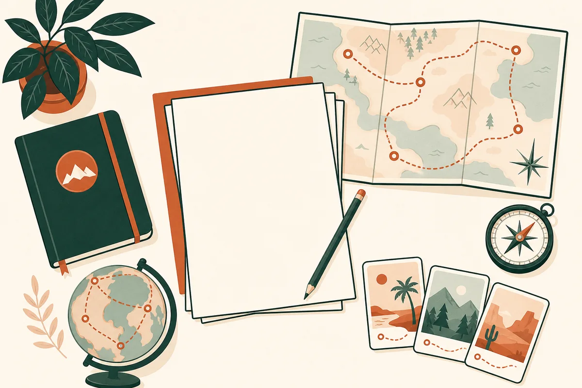 Travel agent desk with group itinerary papers beside a dotted route