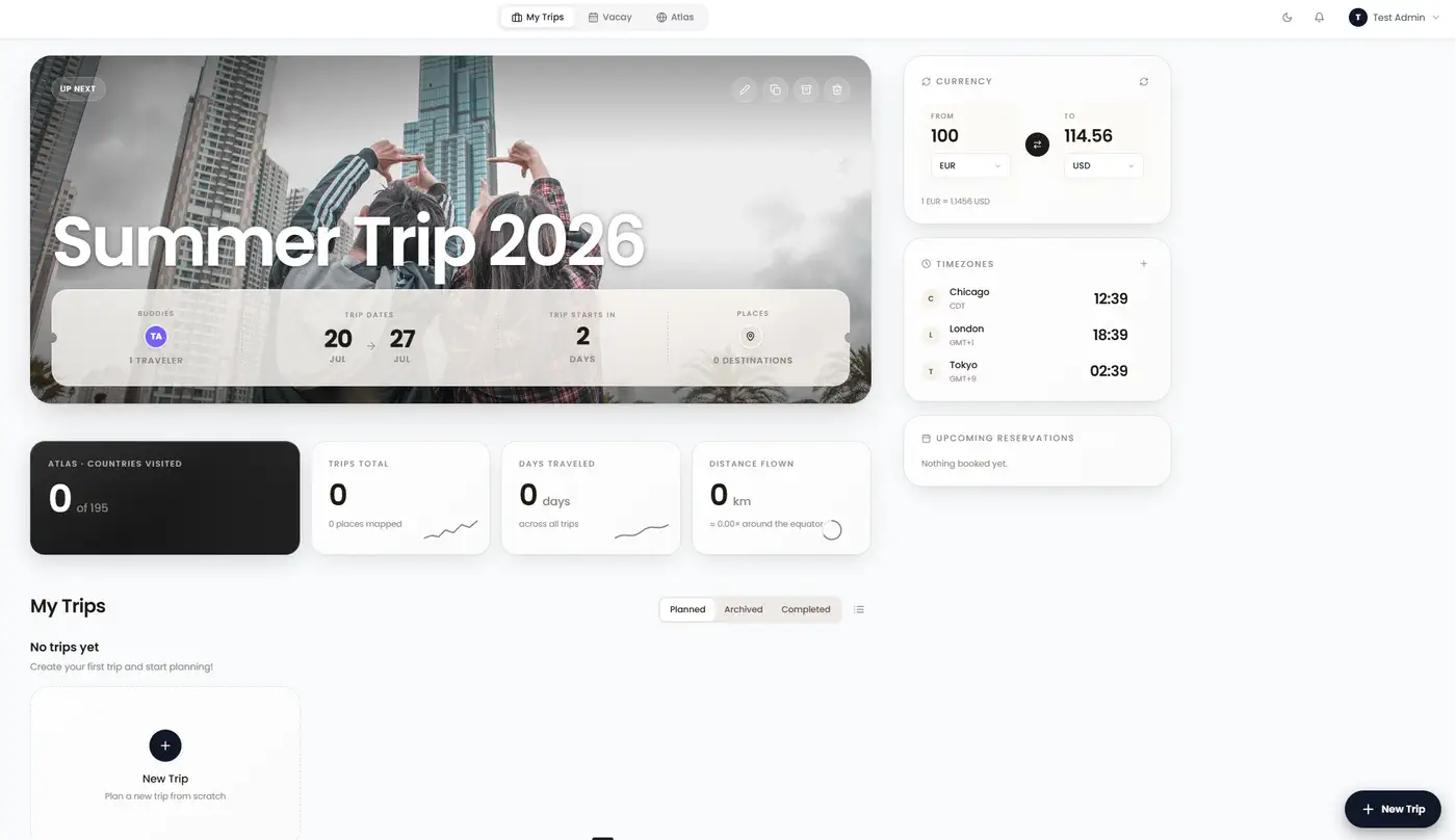 Evryday Travel trip dashboard showing a trip overview, currency, time zones, and upcoming reservations with demo data