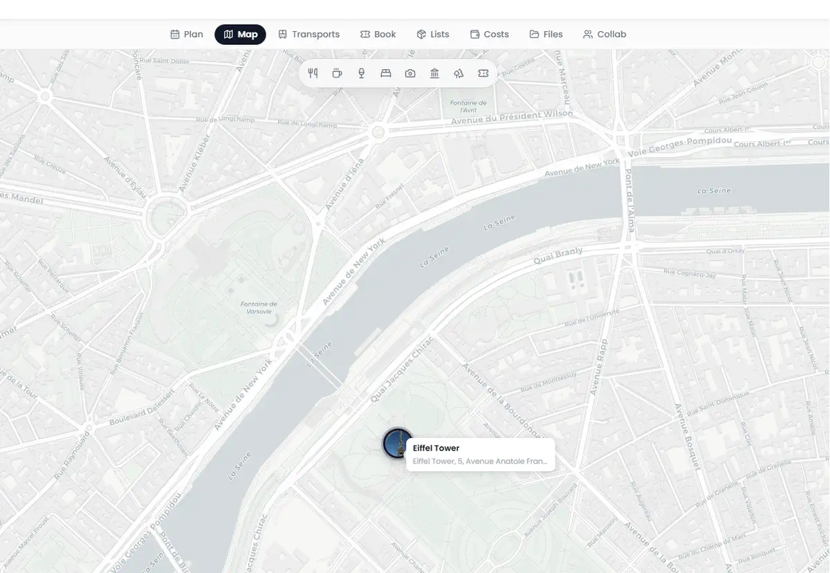 Evryday Travel map view showing a mapped destination and planning controls with demo data