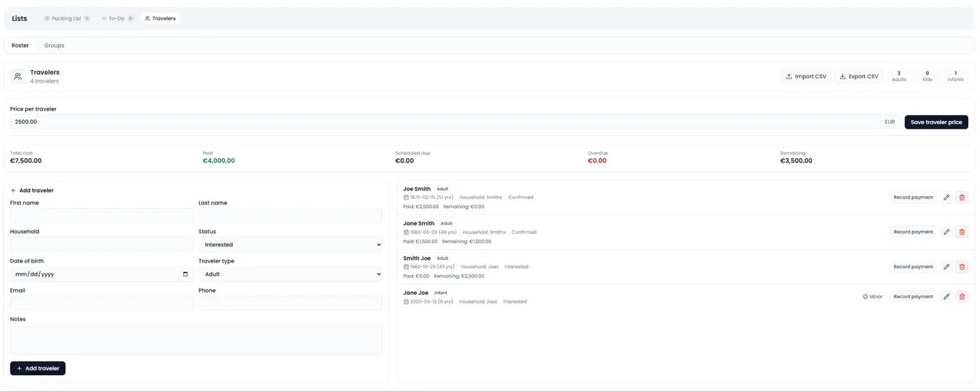 Evryday Travel traveler roster showing four travelers, total trip cost, paid amounts, and remaining balances with demo data