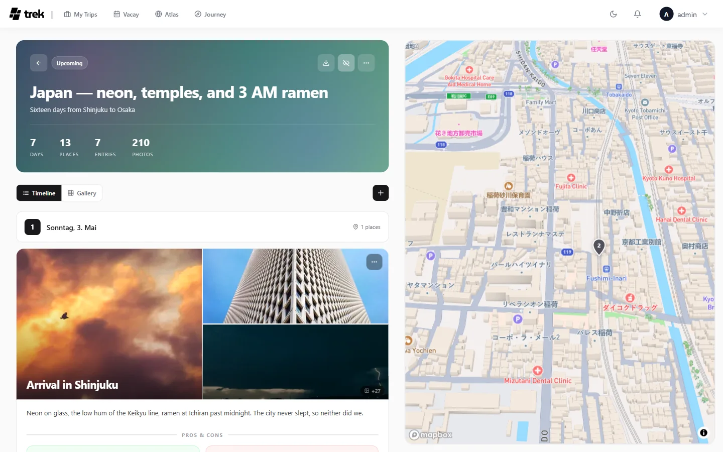 Evryday Travel journey view showing trip memories, photos, and a map