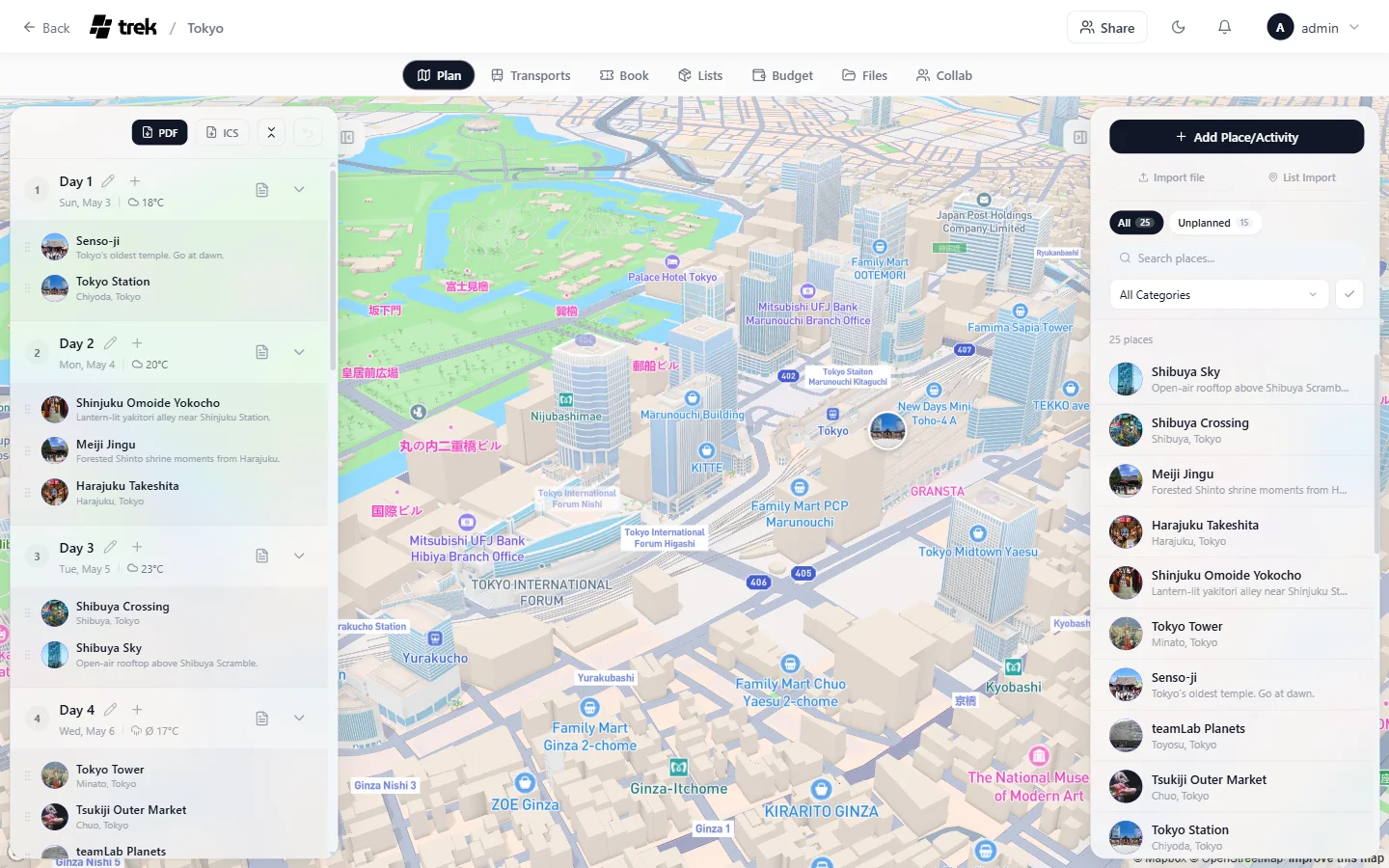 Evryday Travel itinerary planner showing trip days, activities, and a map